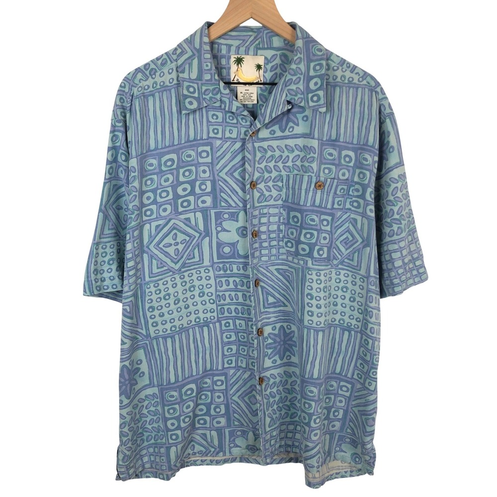Banana Cabana 100% Silk Short Sleeve Tribal Loop Collar Camp Shirt Men's XL Blue